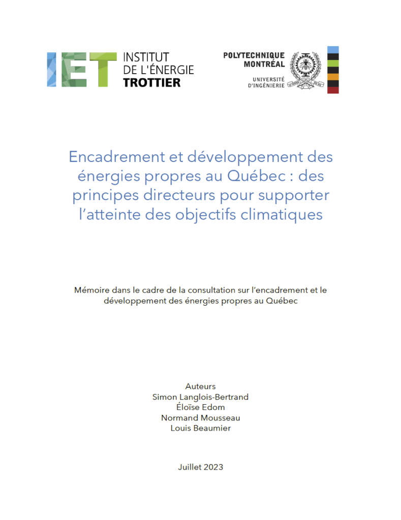 MÉMOIRE DÉPOSÉ PAR L’IET DANS LE CADRE DE LA CONSULTATION SUR L’ENCADREMENT ET LE DÉVELOPPEMENT DES ÉNERGIES PROPRES AU QUÉBEC