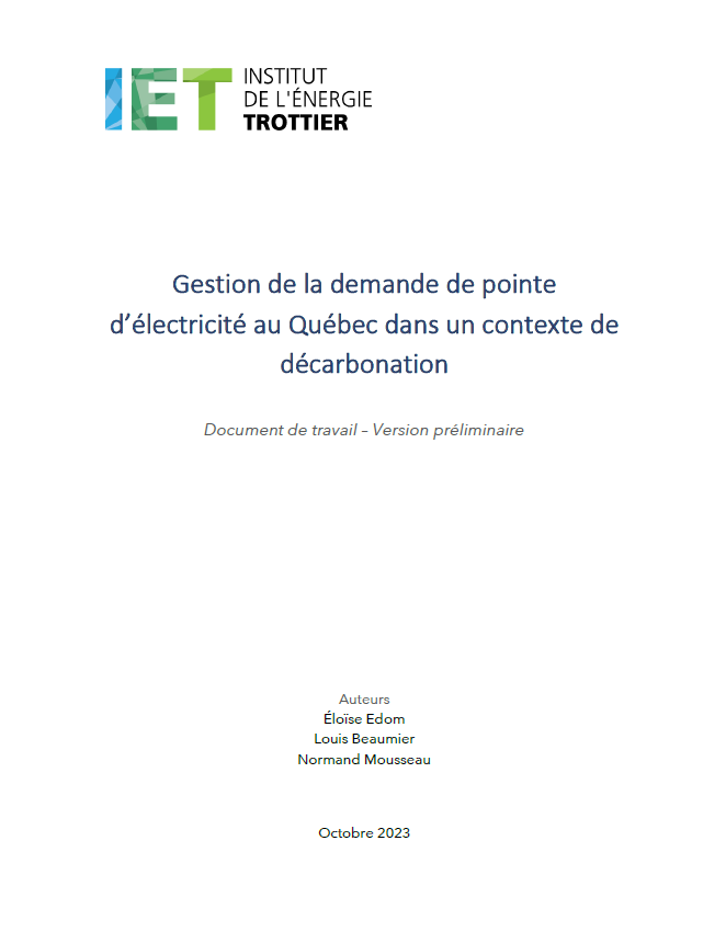 RAPPORT – GESTION DE LA DEMANDE DE POINTE D’ÉLECTRICITÉ AU QUÉBEC DANS UN CONTEXTE DE DÉCARBONATION